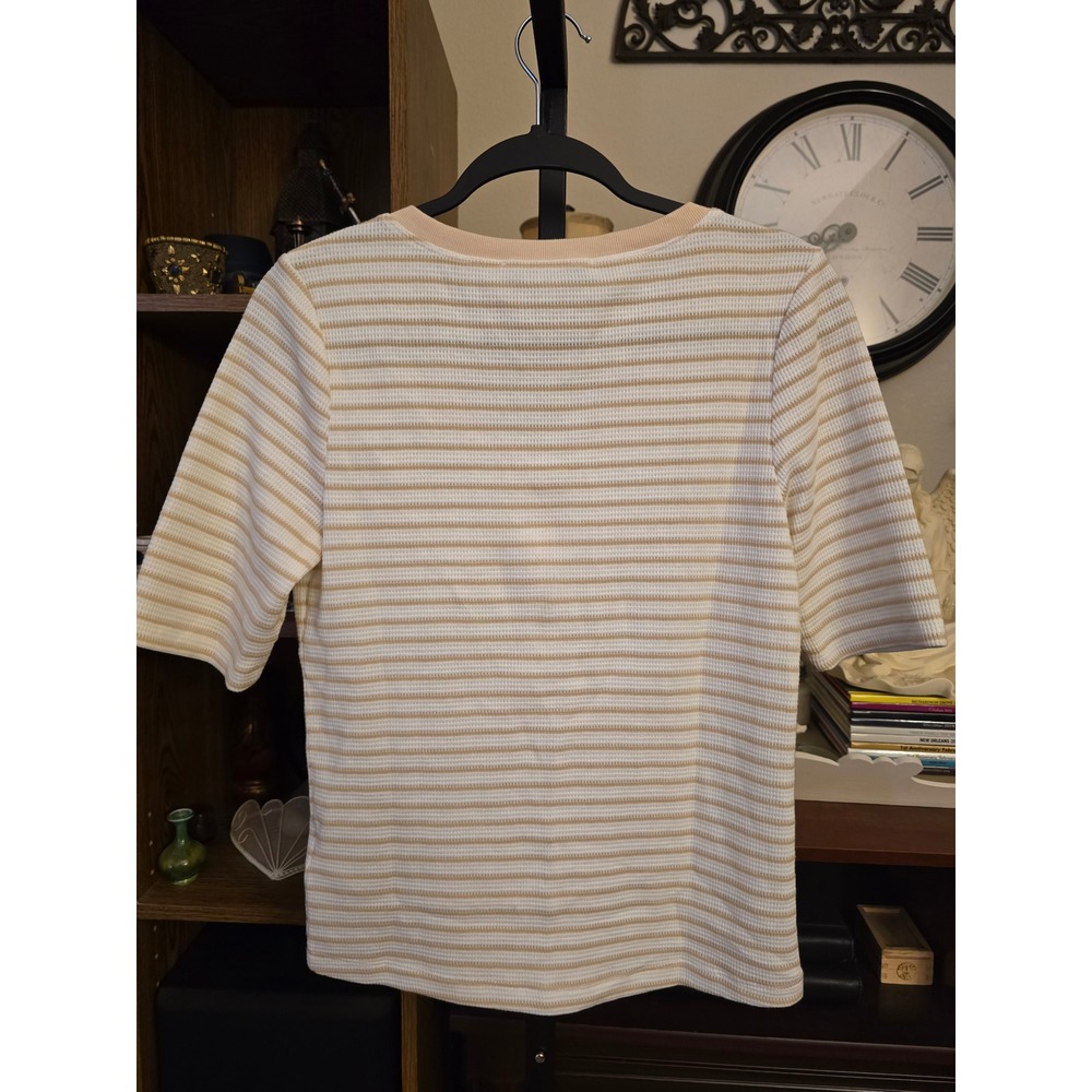 Joe's Jeans Waffle Knit Henley Top Striped Short Sleeve Cream Tan Size Large - Picture 5 of 7
